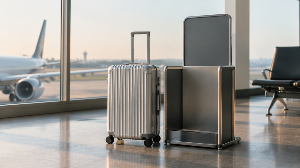 Aluminium koffer naast een handbagagemeter bij de gate