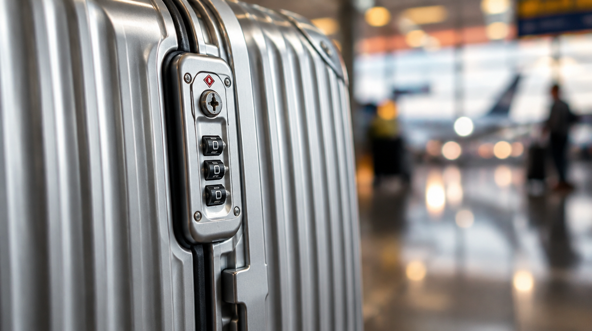 Close-up van het TSA-cijferslot van een aluminium koffer