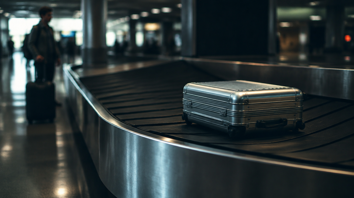 Eén aluminium koffer op de bagageband op een luchthaven
