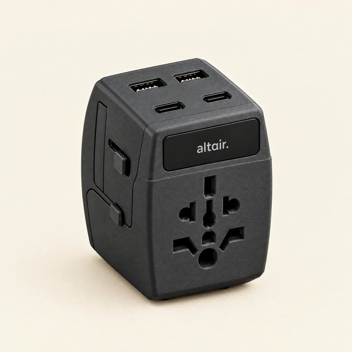 Black ALTAIR 65 W travel adaptor, front view